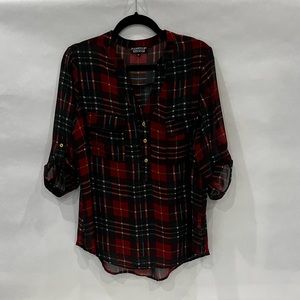 Stitchfix PaperMoon Plaid Semi Sheer Roll Tab Sleeve Top Size XL